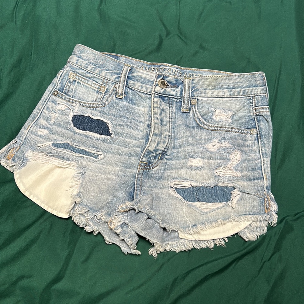 American Eagle Blue Jean Ripped High Waisted Shorts
